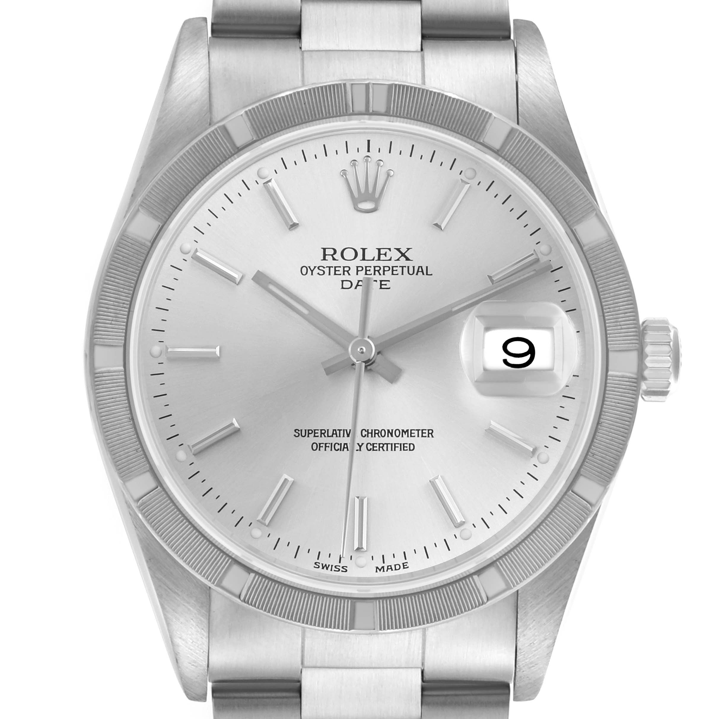 The Rolex Date 15210 Men's Stainless Steel Silver Dial 15210 Men's Stainless Steel Silver Dial watch is shown from a front angle, highlighting the dial, bezel, bracelet, and date window.