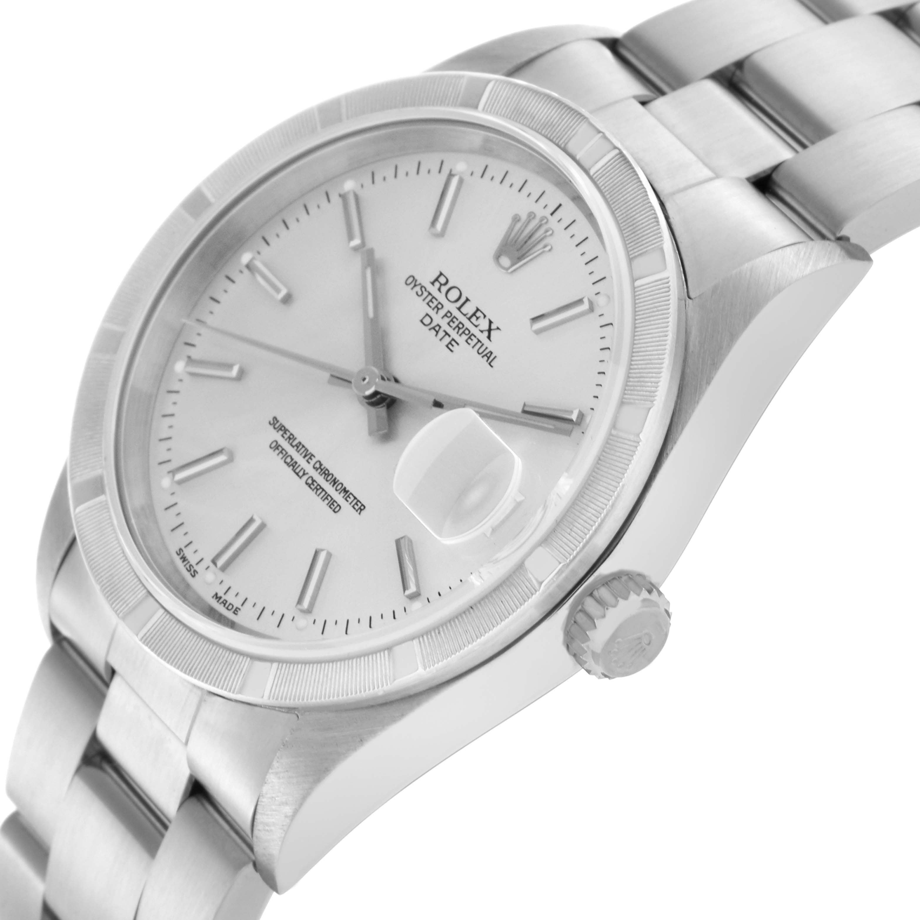 The image shows a side angle of a Rolex Date 15210 Men's Stainless Steel Silver Dial 15210 Men's Stainless Steel Silver Dial, highlighting the dial, bezel, crown, and part of the bracelet.