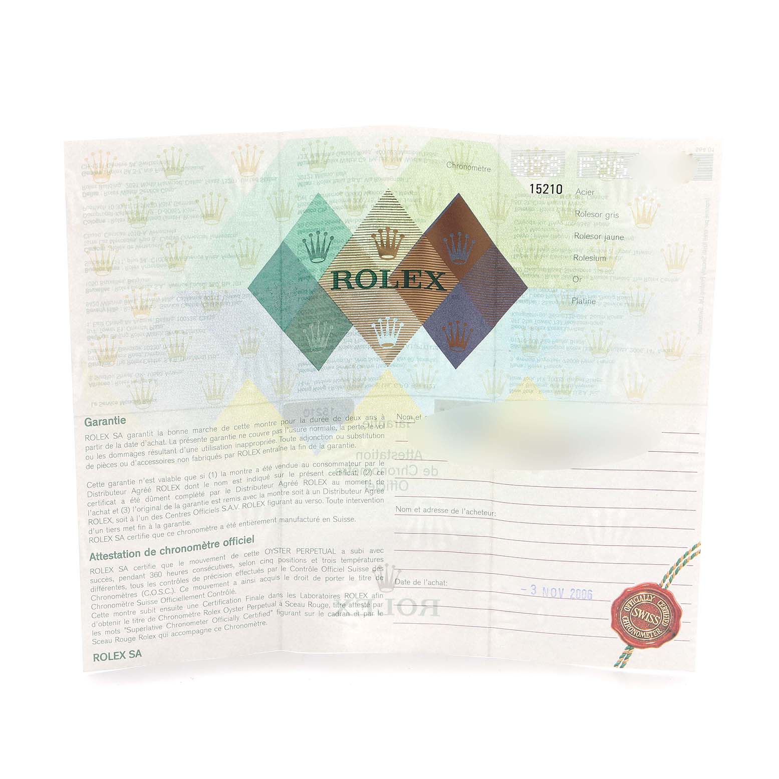 This image shows a warranty certificate for a Rolex Date 15210 Men's Stainless Steel Silver Dial 15210 Men's Stainless Steel Silver Dial model watch.