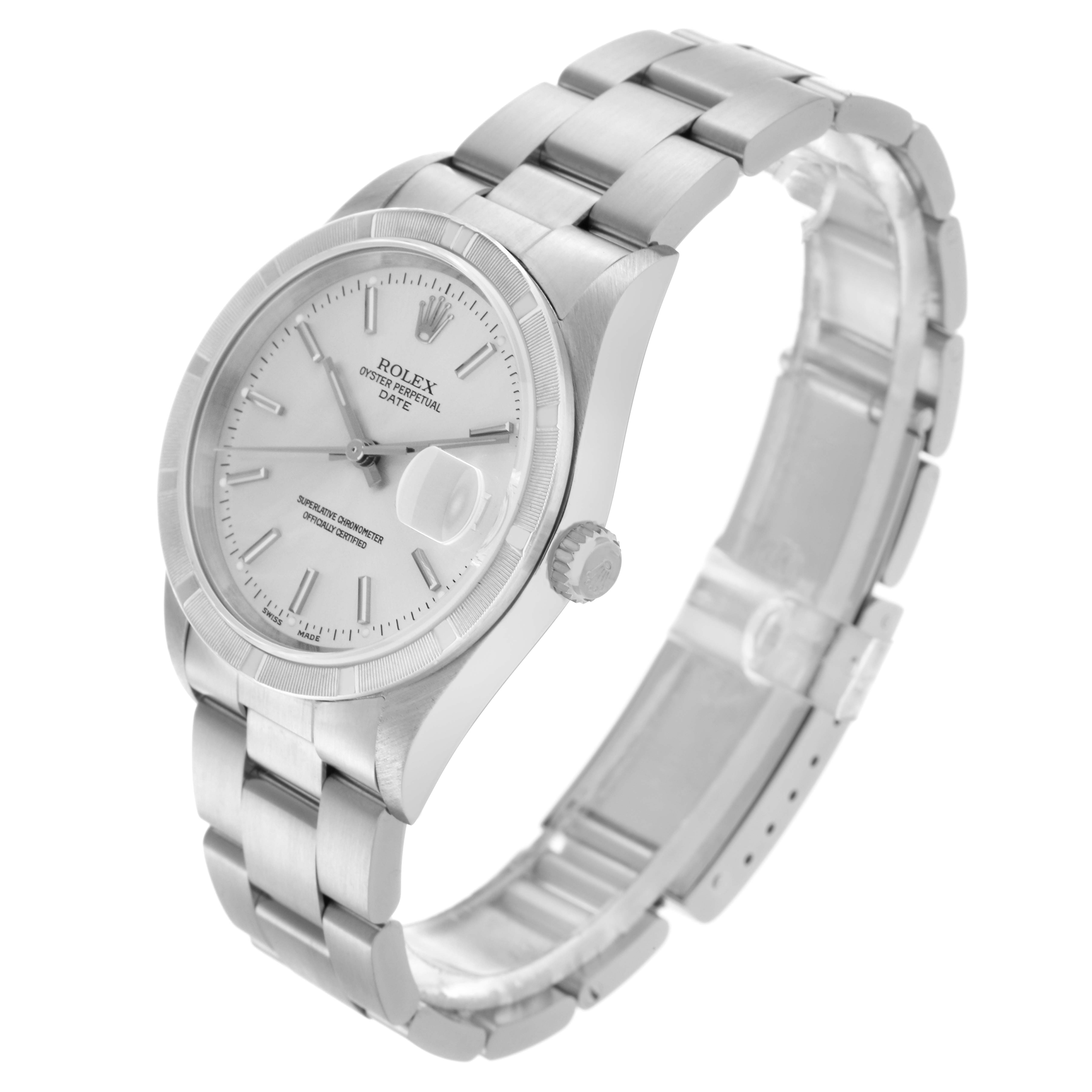 The Rolex Date 15210 Men's Stainless Steel Silver Dial 15210 Men's Stainless Steel Silver Dial watch is shown at a slight angle, displaying its face, bezel, bracelet, and crown.