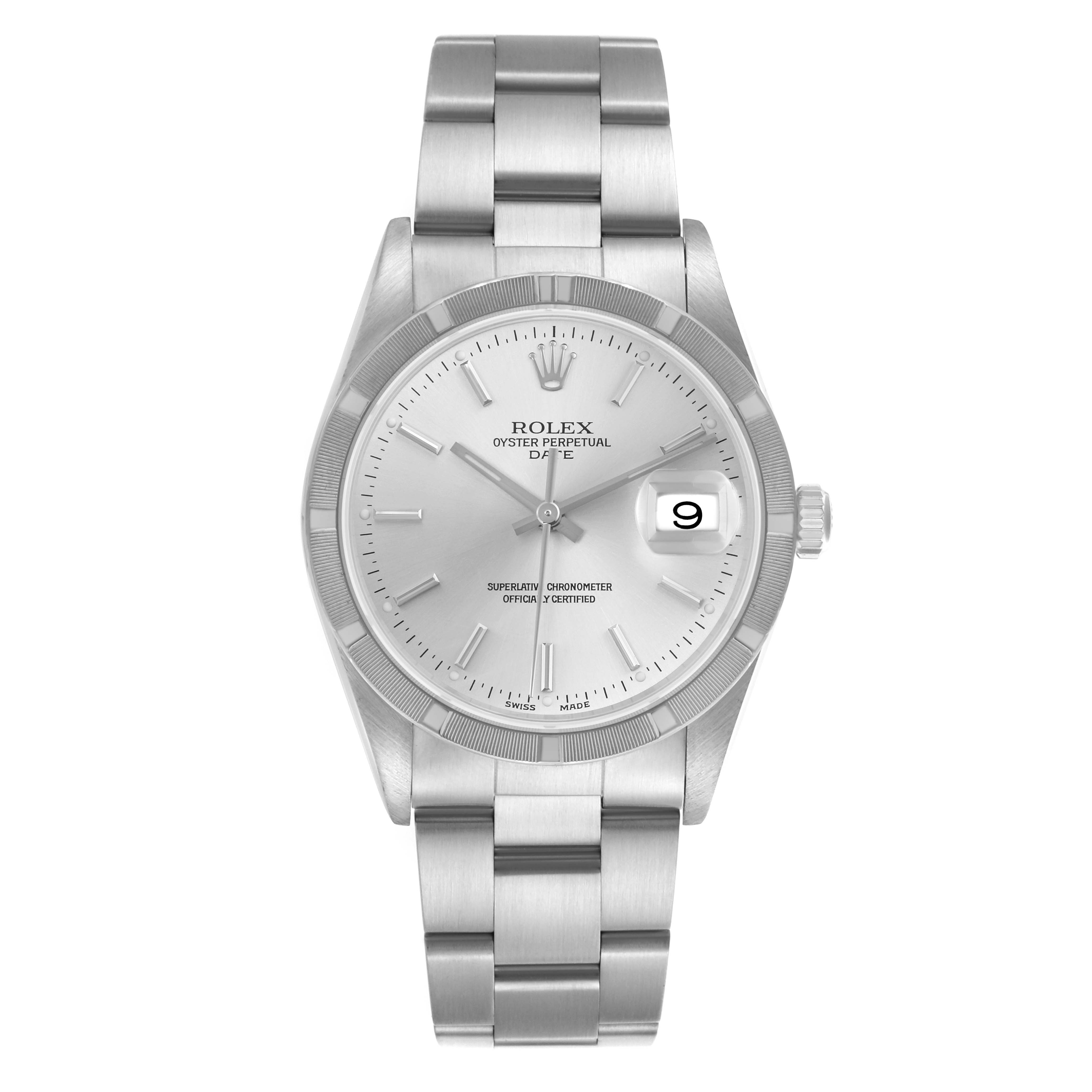 The Rolex Date 15210 Men's Stainless Steel Silver Dial 15210 Men's Stainless Steel Silver Dial watch is shown from a front angle, displaying the dial, bezel, bracelet, and crown.