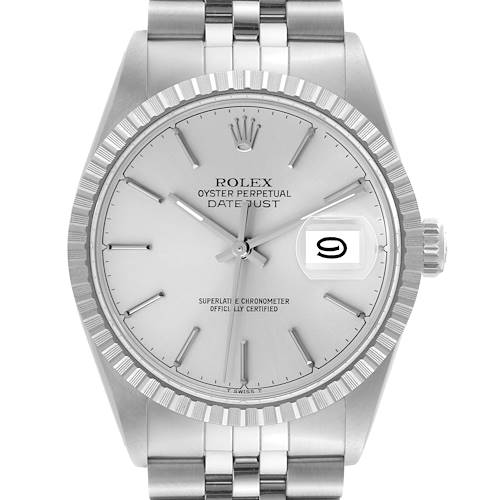 The image shows a front view of the Rolex Vintage Collection 16030 Men's Stainless Steel Silver Dial 16030 Men's Stainless Steel Silver Dial Oyster Perpetual Datejust watch, highlighting its dial and bracelet.