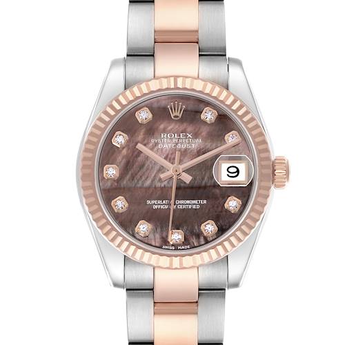 The Rolex Mid-Size 178271 Women's Steel and Gold (two tone) Mother of Pearl Dial 178271 Women's Steel and Gold (two tone) Mother of Pearl Dial Datejust watch is shown from the front, highlighting the dial, bezel, crown, and part of the bracelet.