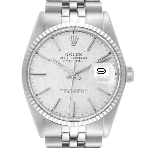 The image shows a front view of the Rolex Vintage Collection 16014 Men's Stainless Steel Silver Dial 16014 Men's Stainless Steel Silver Dial Oyster Perpetual Datejust watch, displaying the dial, hands, crown, and bracelet.