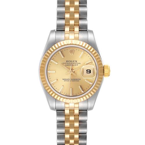 The Rolex Datejust 179173 Women's Steel and Gold (two tone) Champagne Dial 179173 Women's Steel and Gold (two tone) Champagne Dial watch is shown from a front view, highlighting its dial, fluted bezel, and two-tone bracelet.