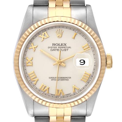 The image shows a Rolex Datejust 16233 Men's Steel and Gold (two tone) Beige Dial 16233 Men's Steel and Gold (two tone) Beige Dial watch face-on, highlighting the dial, bezel, and bracelet.