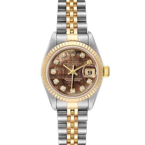 The Rolex Datejust 79173 Women's Steel and Gold (two tone) Mother of Pearl Dial 79173 Women's Steel and Gold (two tone) Mother of Pearl Dial watch is shown from a front angle, displaying the face, bezel, and parts of the bracelet.