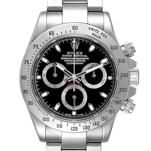 This image shows the front view of a Rolex Daytona 116520 Men's Stainless Steel Black Dial 116520 Men's Stainless Steel Black Dial watch, featuring its black dial, chronograph subdials, bezel, and part of the bracelet.