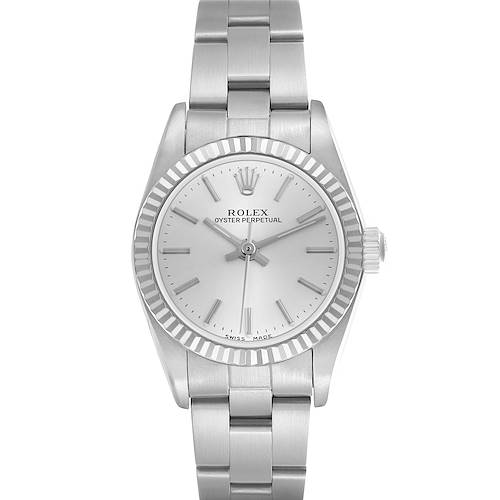 The Rolex Oyster Perpetual 76094 Women's Stainless Steel Silver Dial 76094 Women's Stainless Steel Silver Dial watch is shown from a top-down angle, displaying the full face and part of the bracelet.