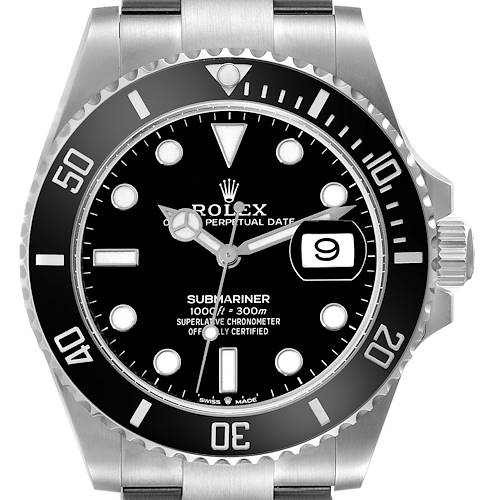 The image shows a front view of the Rolex Submariner 126610LN Men's Stainless Steel Black Dial 126610LN Men's Stainless Steel Black Dial watch, detailing its bezel, dial, hands, date display, and bracelet.