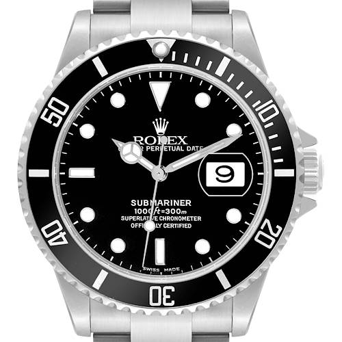 The image shows a front view of a Rolex Submariner 16610 Men's Stainless Steel Black Dial 16610 Men's Stainless Steel Black Dial watch, highlighting its black dial, date window, and silver bezel.