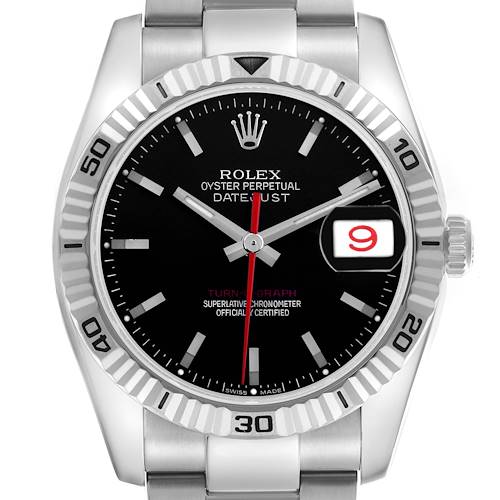 The image shows a frontal view of a Rolex Turn-o-Graph 116264 Men's Stainless Steel Black Dial 116264 Men's Stainless Steel Black Dial watch, detailing the bezel, dial, and date window.