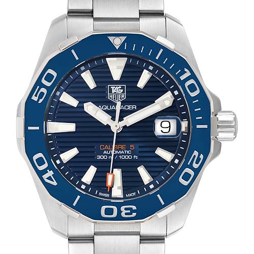 This image shows a front view of the Tag Heuer Aquaracer WAY211C.BA0928 Men's Stainless Steel Blue Dial WAY211C.BA0928 Men's Stainless Steel Blue Dial watch, highlighting the dial, bezel, and bracelet.