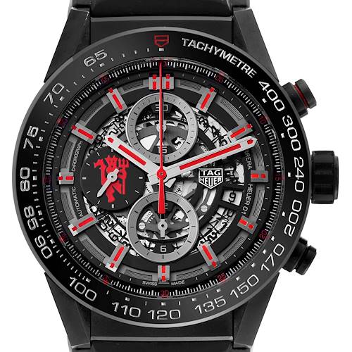 The image shows the front view of a Tag Heuer Carrera Heuer 01 Limited Edition watch, highlighting its dial and tachymeter bezel.