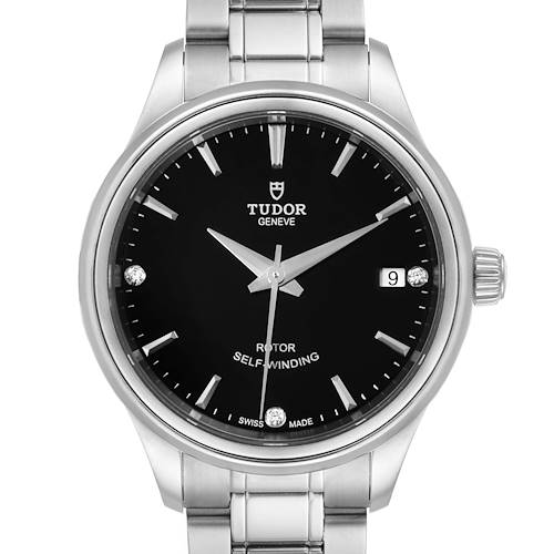 The image shows a front view of the Tudor Style M12300-0004 Women's Stainless Steel Black Dial M12300-0004 Women's Stainless Steel Black Dial model watch, focusing on the dial, bracelet, and crown.