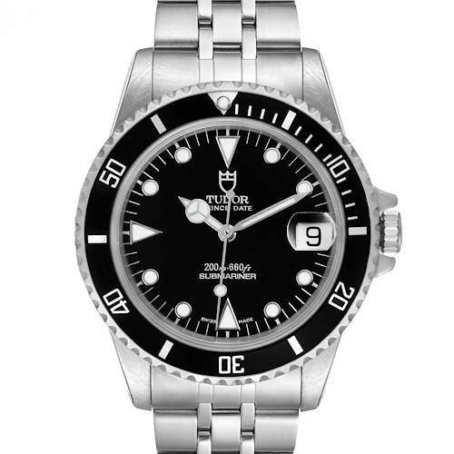 The image shows a front view of the Tudor Submariner 75190 Men's Stainless Steel Black Dial 75190 Men's Stainless Steel Black Dial watch, highlighting its dial, bezel, bracelet, and date display.