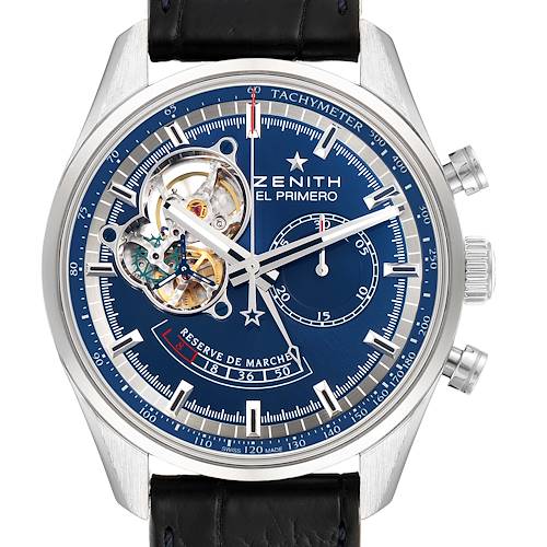 This image shows a Zenith Chronomaster 03.2085.4021/51.C700 Men's Stainless Steel Blue Dial 03.2085.4021/51.C700 Men's Stainless Steel Blue Dial watch from a frontal angle, highlighting the intricate dial and its internal mechanics.