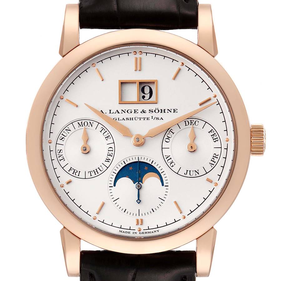 This is a front-angle view of the A. Lange & Sohne Saxonia 330.032 Men's Rose Gold Silver Dial watch, showing its dial, hands, date display, and sub-dials.