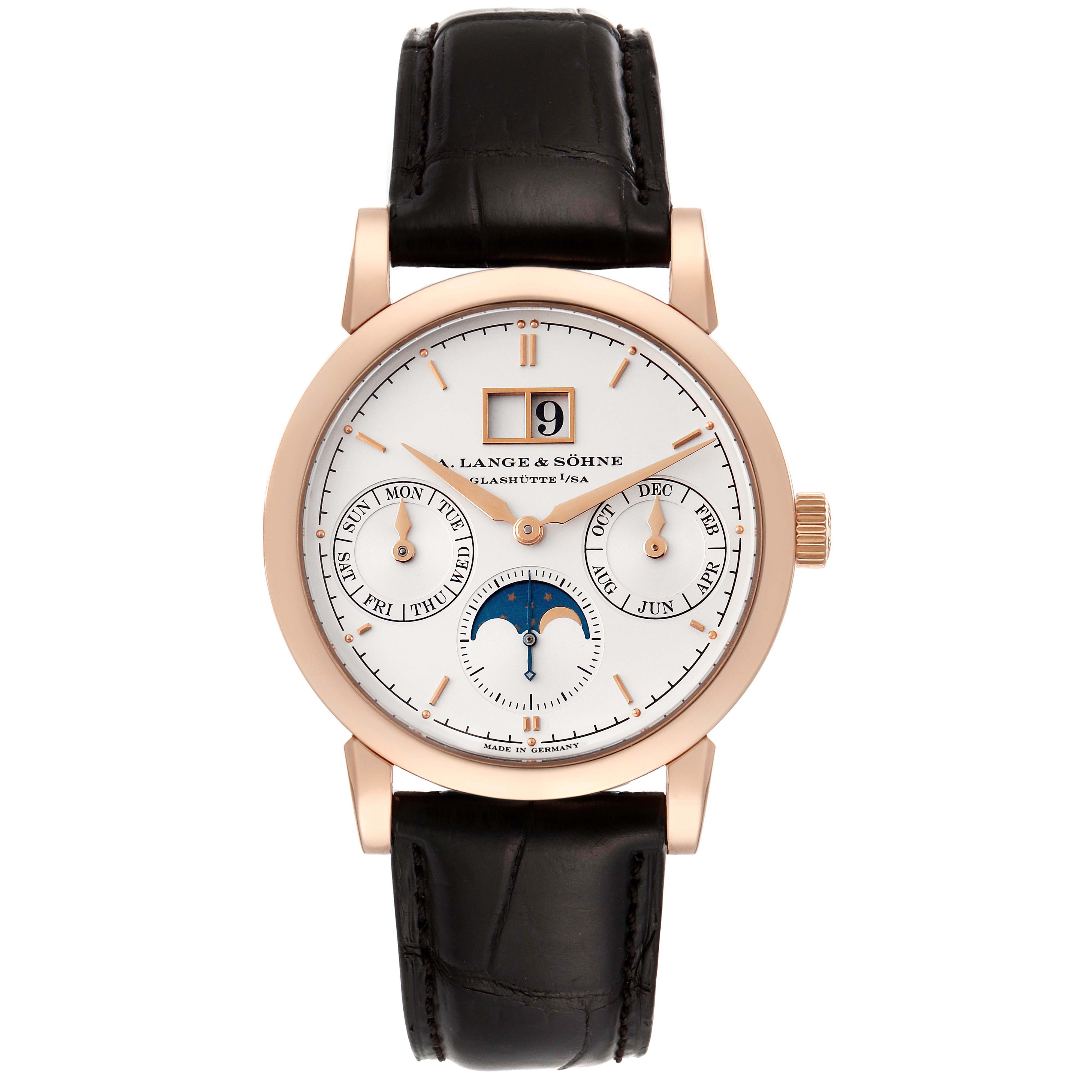 This image shows a front view of the A. Lange & Sohne Saxonia 330.032 Men's Rose Gold Silver Dial watch, featuring a leather strap, calendar dials, and moon phase display.
