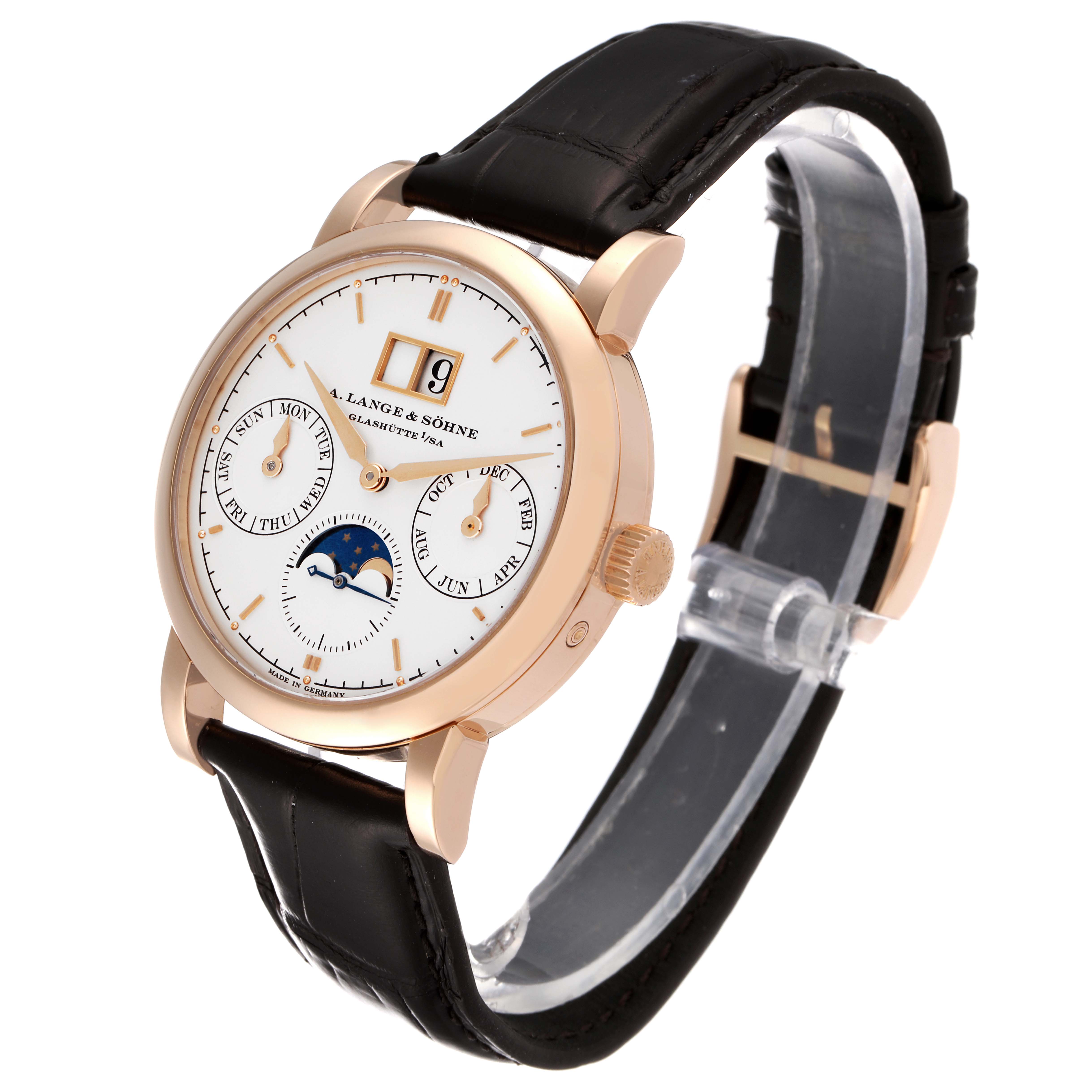 The image shows a side angle of the A. Lange & Sohne Saxonia 330.032 Men's Rose Gold Silver Dial watch, highlighting its dial, crown, and black strap.