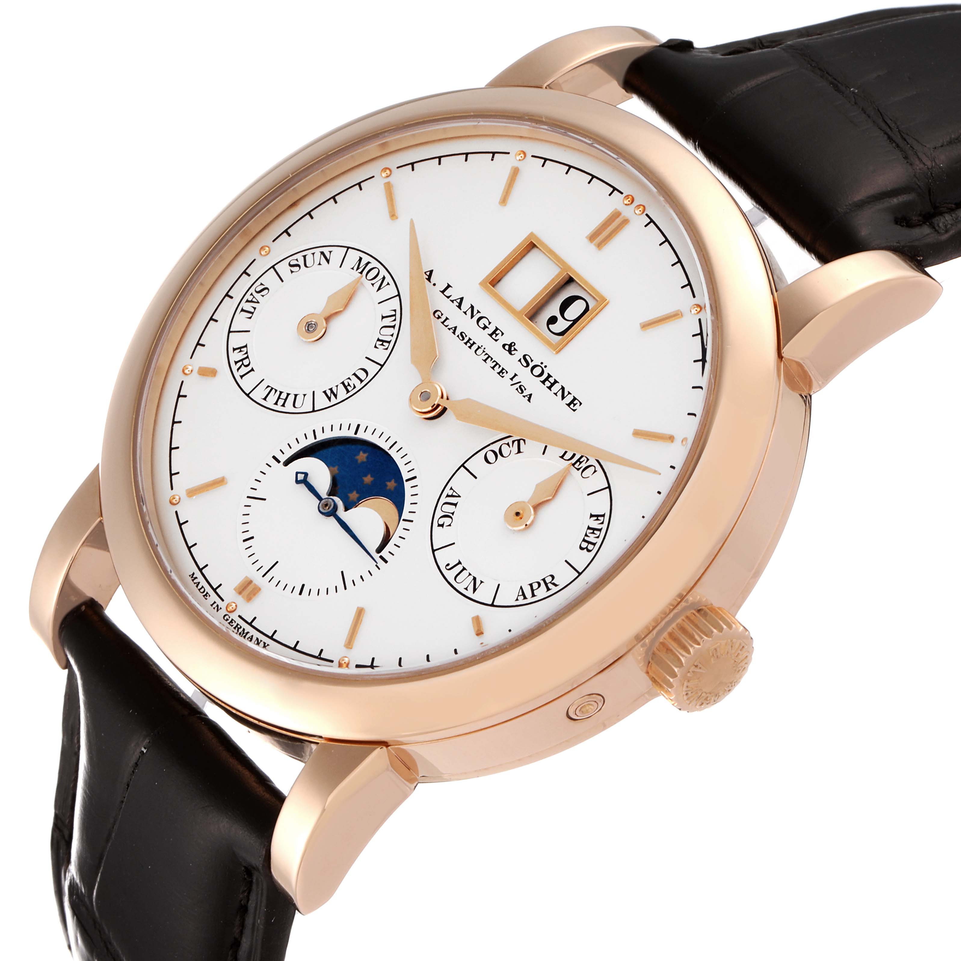 This is an angled view of the A. Lange & Sohne Saxonia 330.032 Men's Rose Gold Silver Dial watch showing the dial, case, crown, and leather strap.