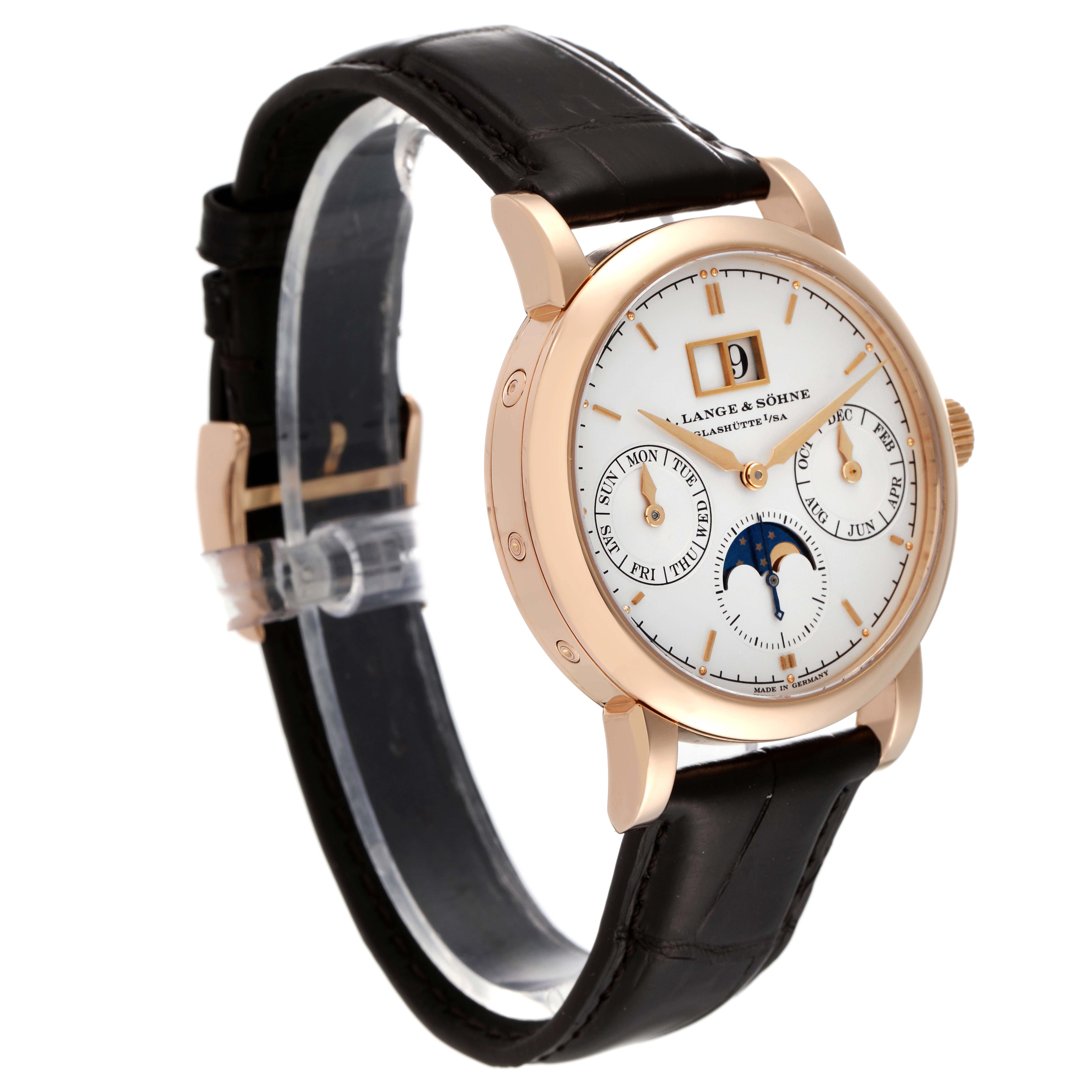 The image shows a side view angle of the A. Lange & Sohne Saxonia watch showcasing its dial, case, and leather strap.