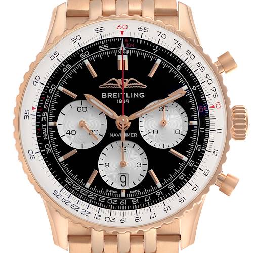 The Breitling Navitimer RB0138 Men's Rose Gold Black Dial RB0138 Men's Rose Gold Black Dial watch is shown from the front, highlighting the dial, chronograph subdials, and bezel.