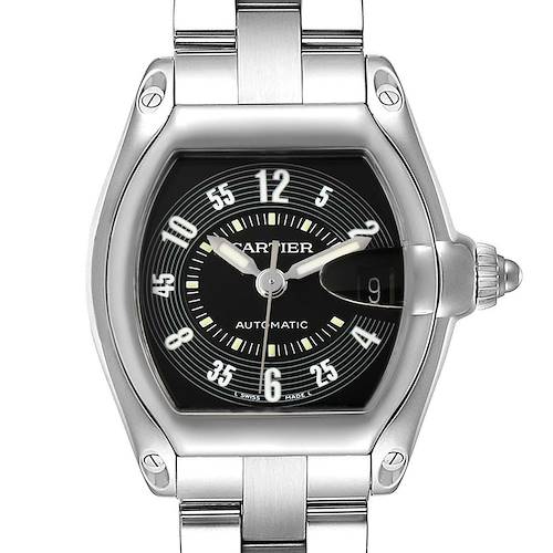 The image shows a front view of the Cartier Roadster W62004V3 Men's Stainless Steel Black Dial W62004V3 Men's Stainless Steel Black Dial watch, highlighting its dial, hands, date window, and part of the bracelet.
