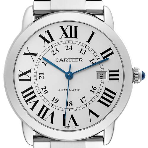 The image shows a front view of the Cartier Ronde W6701011 Men's Stainless Steel Silver Dial W6701011 Men's Stainless Steel Silver Dial watch, displaying the dial, Roman numerals, date window, and blue hands.