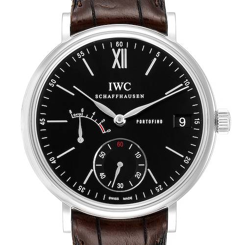 The image shows a front view of the IWC Portofino IW510102 Men's Stainless Steel Black Dial IW510102 Men's Stainless Steel Black Dial watch, highlighting its black dial, subdials, and brown leather strap.