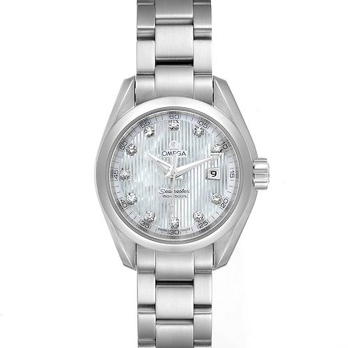This image shows a front view of the Omega 231.10.30.61.55.001 Women's Stainless Steel Mother of Pearl Dial 231.10.30.61.55.001 Women's Stainless Steel Mother of Pearl Dial Aqua Terra Steel MOP Diamond Ladies Watch 231.10.30.61.55.001.