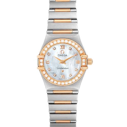 The Omega 1360.76.00 Women's Steel and Gold (two tone) Mother of Pearl Dial 1360.76.00 Women's Steel and Gold (two tone) Mother of Pearl Dial Constellation Mini Steel Rose Gold Diamond Watch 1360.76.00 is shown from a top-down angle, displaying its face and bracelet.