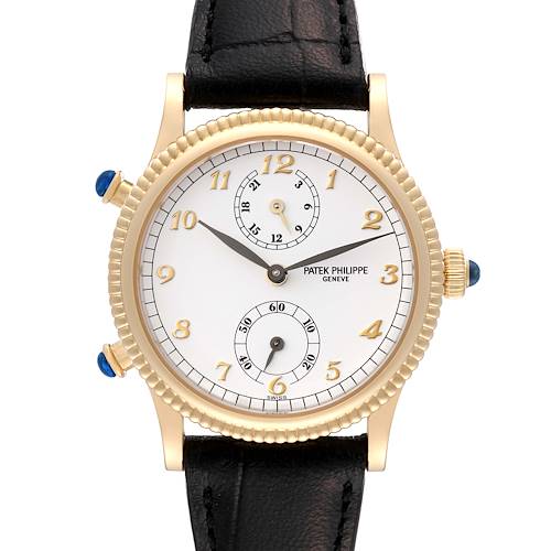This is a front view of the Patek Philippe Calatrava 4864J Women's Yellow Gold White Dial 4864J Women's Yellow Gold White Dial watch, showcasing its dial, case, crown, lugs, and strap.