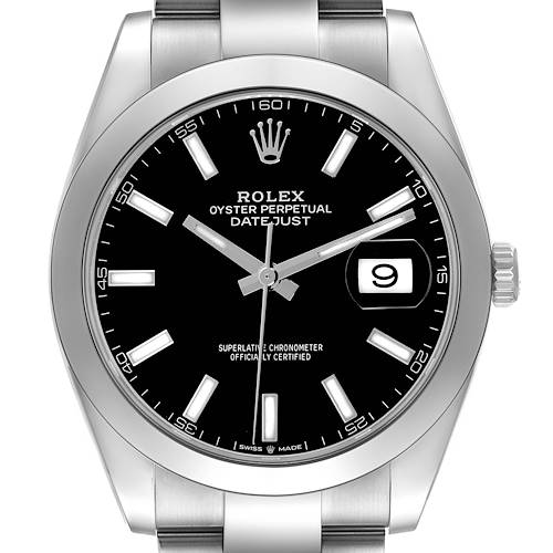 The Rolex Datejust 41 126300 Men's Stainless Steel Black Dial 126300 Men's Stainless Steel Black Dial is shown from a front view, highlighting the dial, hands, bezel, and part of the bracelet.