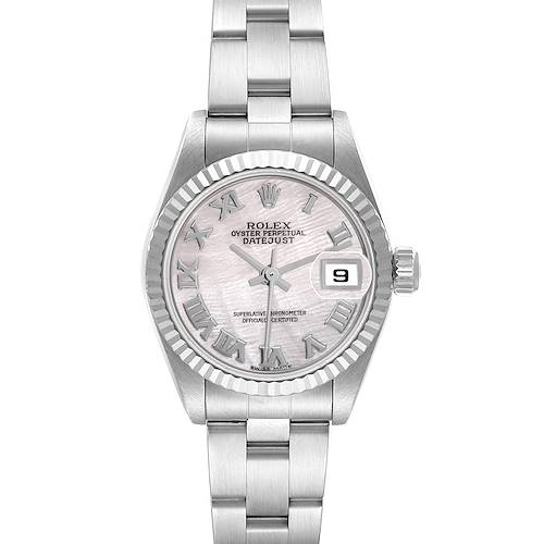 The Rolex Datejust 79174 Women's Stainless Steel Mother of Pearl Dial 79174 Women's Stainless Steel Mother of Pearl Dial watch is shown from a top-down angle, highlighting its face, bezel, and bracelet.