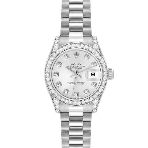 The Rolex President 179159 Women's White Gold Silver Dial 179159 Women's White Gold Silver Dial model watch is shown from the front, highlighting its diamond bezel, silver dial, and President bracelet.