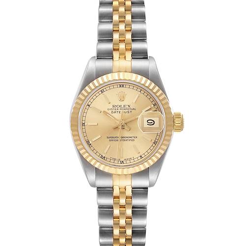 The Rolex Datejust 69173 Women's Steel and Gold (two tone) Champagne Dial 69173 Women's Steel and Gold (two tone) Champagne Dial watch is shown from a front view, displaying the dial, bezel, bracelet, and date window.