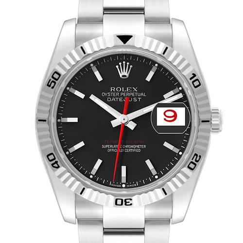 This image shows a front view of the Rolex Turn-o-Graph 116264 Men's Stainless Steel Black Dial 116264 Men's Stainless Steel Black Dial watch, displaying its dial, bezel, and bracelet.