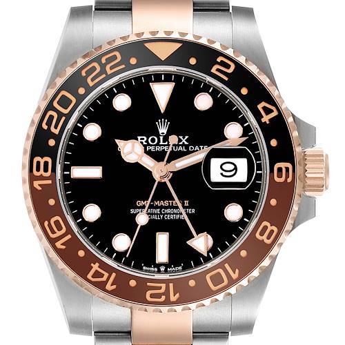 This is a front view of the Rolex GMT-Master 126711CHNR Men's Steel and Gold (two tone) Black Dial 126711CHNR Men's Steel and Gold (two tone) Black Dial II, showing the bezel, dial, hands, and bracelet.