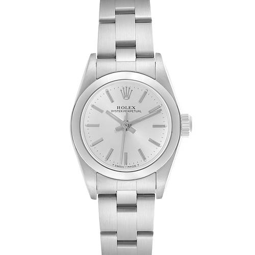 The Rolex Oyster Perpetual 67180 Women's Stainless Steel Silver Dial 67180 Women's Stainless Steel Silver Dial is shown from a straight-on angle, displaying the face, bezel, crown, and bracelet.