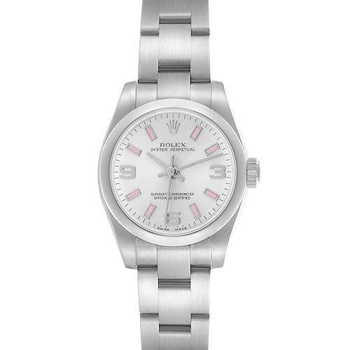 The Rolex Oyster Perpetual 176200 Women's Stainless Steel Silver Dial 176200 Women's Stainless Steel Silver Dial watch is shown from a top-down angle, displaying its full face and bracelet.