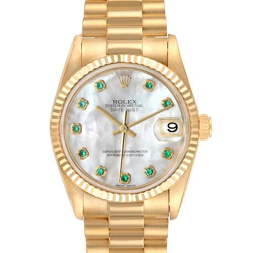 The image shows a front view of a Rolex President 78278 Women's Yellow Gold Mother of Pearl Dial 78278 Women's Yellow Gold Mother of Pearl Dial model watch featuring a gold band and a mother-of-pearl dial with green accents.
