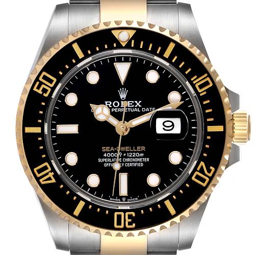 The Rolex Sea-Dweller 126603 Men's Steel and Gold (two tone) Black Dial 126603 Men's Steel and Gold (two tone) Black Dial watch is shown from the front, displaying its black dial, date window, and two-tone bezel and bracelet.