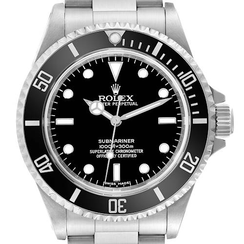The image shows a front view of the Rolex Submariner 14060M Men's Stainless Steel Black Dial 14060M Men's Stainless Steel Black Dial watch, displaying its dial, bezel, hands, and part of the stainless steel bracelet.