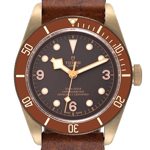 The image shows a front view of the Tudor Heritage Black Bay 79250B Men's Bronze Brown Dial 79250B Men's Bronze Brown Dial watch, highlighting the case, dial, bezel, and part of the leather strap.
