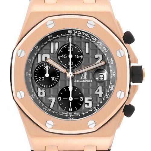 The image shows a front view of the Audemars Piguet Royal Oak Offshore 2590OK.OO.D002CA.01 Men's Rose Gold Grey Dial 2590OK.OO.D002CA.01 Men's Rose Gold Grey Dial watch, highlighting its face, tachymeter, and chronograph subdials.