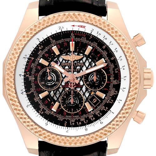 The image shows a frontal view of the Breitling Bentley RB061112/BC43 Men's Rose Gold Black Dial RB061112/BC43 Men's Rose Gold Black Dial watch, highlighting its intricate dial, chronograph features, and rose gold case.