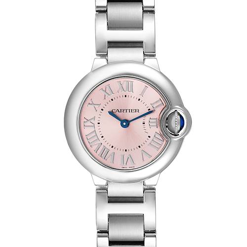 The image shows a front view of a Cartier Ballon Bleu W6920038 Women's Stainless Steel Pink Dial W6920038 Women's Stainless Steel Pink Dial watch with a pink dial and stainless steel bracelet.