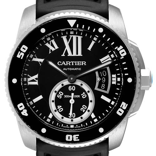 The image shows a frontal view of the Calibre de Cartier model by Cartier, highlighting its black dial, white Roman numerals, and date display.