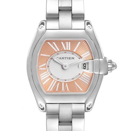 This image shows a front view of the Cartier Roadster W62054V3 Women's Stainless Steel Pink Dial W62054V3 Women's Stainless Steel Pink Dial watch, highlighting its dial, bezel, and stainless steel bracelet.